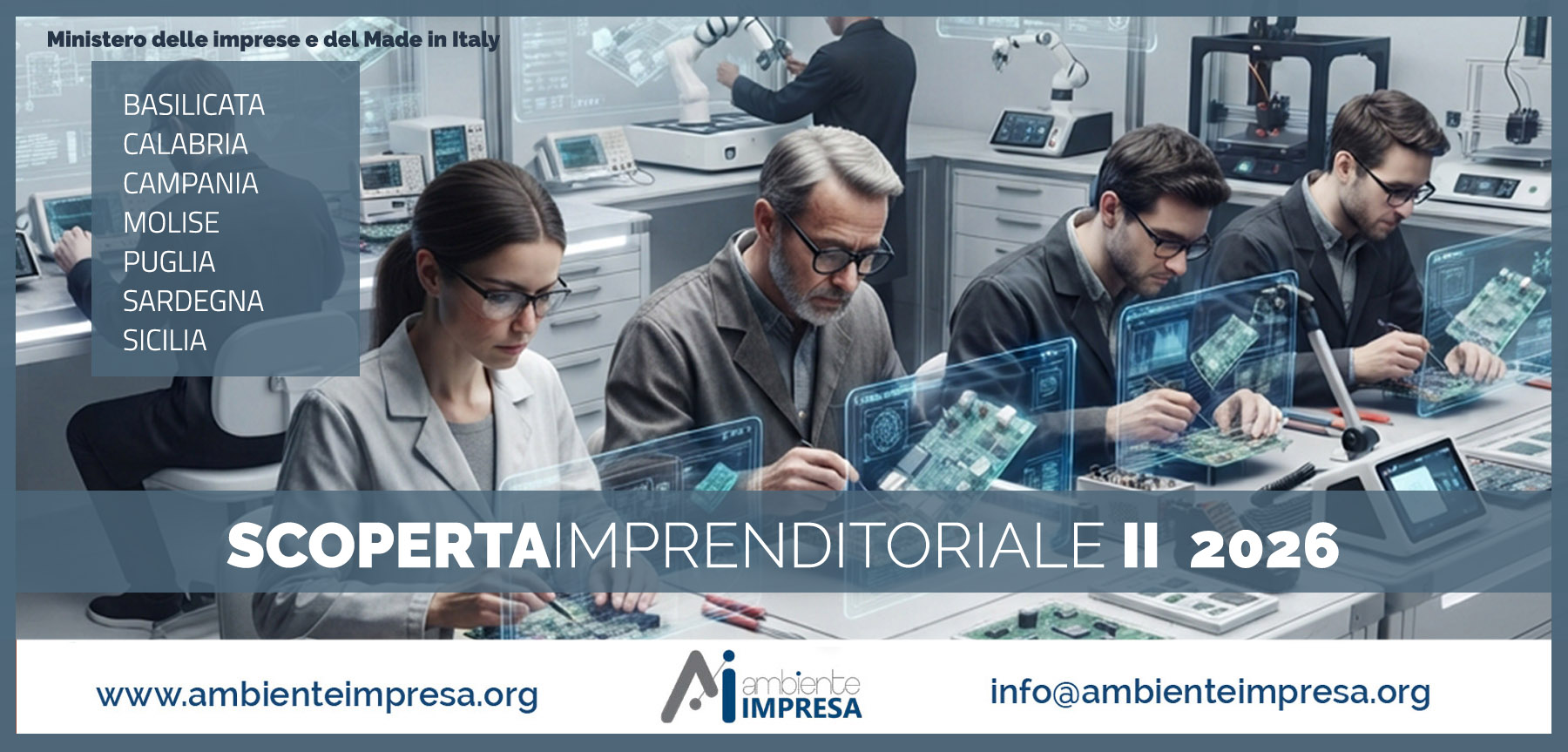 Scoperta Imprenditoriale II 2026 - FONDO PER LA CRESCITA SOSTENIBILE A SOSTEGNO DI PROGETTI DI RICERCA E SVILUPPO - Basilicata Calabria Campania Molise Puglia Sardegna e Sicilia - Ambiente Impresa srl - Cagliari - Finanza Agevolata
